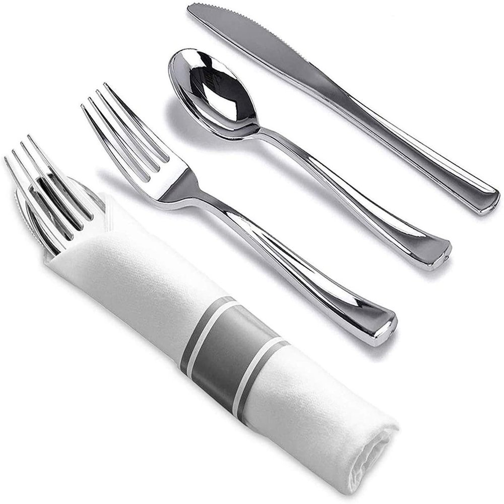Nicole Fantini's LILLIAN Pre-Rolled 480 Pieces Silver-polished Extra Heavy Weight Full Size Cutlery Wrapped in & Linen-Like Napkin for individual guests for Elegant Parties