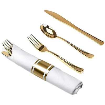 Nicole Fantini's LILLIAN Pre-Rolled 480 Pieces Gold-polished Extra Heavy Weight Full Size Cutlery Wrapped in & Linen-Like Napkin for individual guests for Elegant Parties