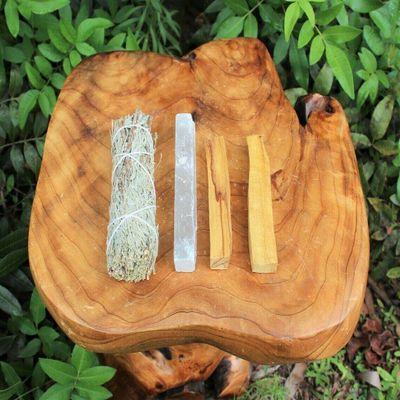 1 Set Cleaning Kit: 5" Selenite, 2 Palo Santo Sticks, Sage & Directions Energy Cleanse