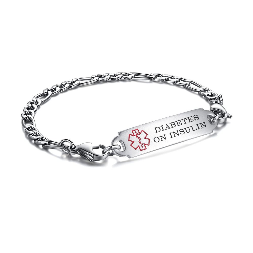 LinnaLove medical alert bracelets for men women Stainless steel Interchangeable medical bracelets, free engraving (SMALL-8.5 inches-diabetes on insulin)