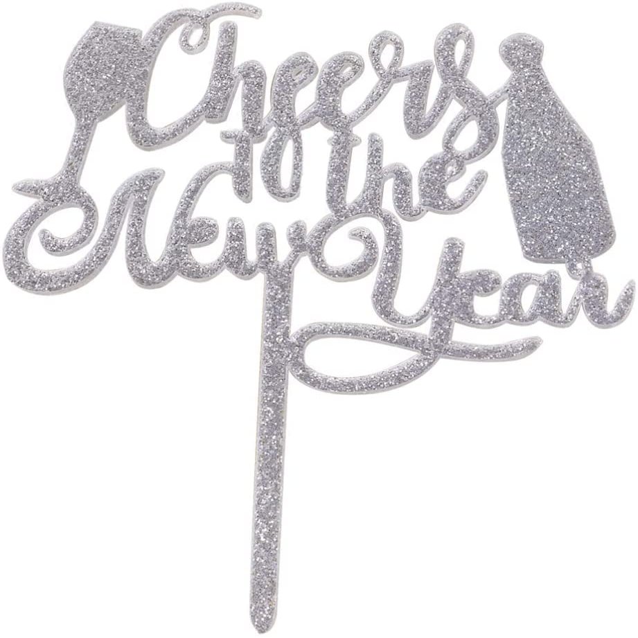 Cheers to The New Years Cake Topper Happy New Year Cupcake Picks Fruit Picks Cake Decoration for New Years Eve Party Supplies - Silver
