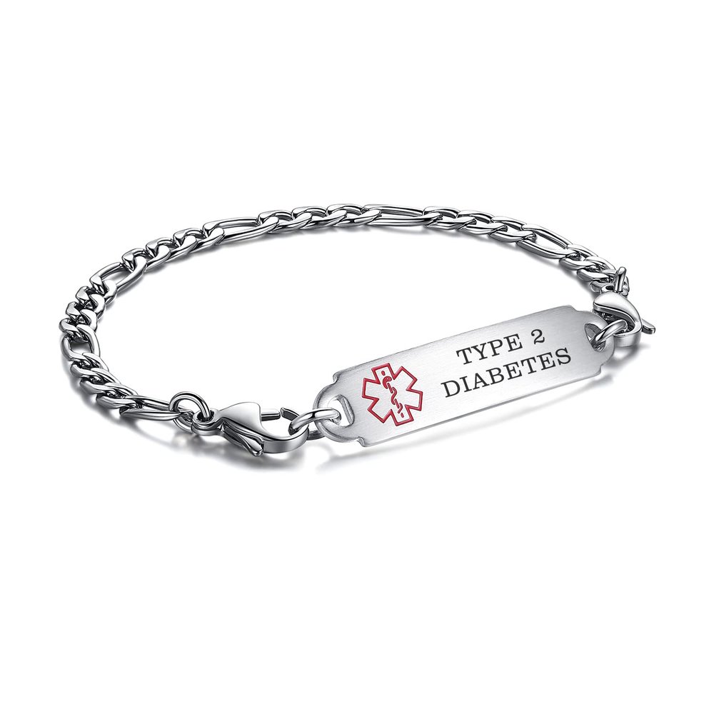 LinnaLove medical alert bracelets for men women Stainless steel Interchangeable medical bracelets, free engraving (SMALL-7.5 inches-type 2 diabetes)