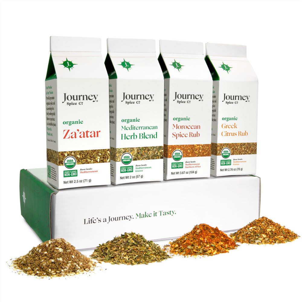 Organic Gourmet Mediterranean Spice and Seasoning Gift Set by Journey Spice Co. | Salt-Free | Sugar-Free | Non-GMO | All-Purpose | Use for Cooking and Baking Poultry, Vegetables, Meat, Rice, and More | 10.93 oz. (total)