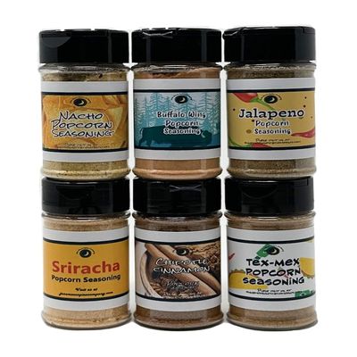 Popcorn Seasoning | Spicy Variety 6 Pack | Nacho Cheese | Buffalo Wing | Sriracha | Jalapeno | Chipotle Cinnamon | Tex-Mex | Gift Box Included | Premium | Crafted in Small Batches | Ultimate Spicy Popcorn Seasoning Variety 6 Deliciously Fiery Flavo