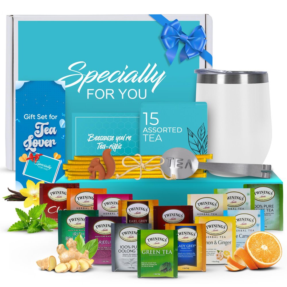 Tea Gifts for Women  Sampler Gift Basket with 15 Unique Blends, Honey Sticks, Stainless Tumbler & Gift-Ready Box (White)