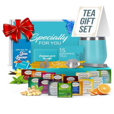 Modern Elegance Tea Tumbler Gift Set Includes Tea Bag Holder, Spoon, Honey Straw, 15 Assorted Flavor Blends & Hot & Cold 12oz Insulated Tumbler Ideal for Holiday Gift for Tea Lovers Teal