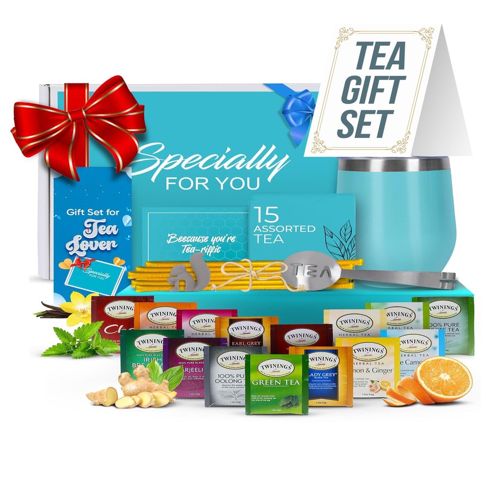 Modern Elegance Tea Tumbler Gift Set Includes Tea Bag Holder, Spoon, Honey Straw, 15 Assorted Flavor Blends & Hot & Cold 12oz Insulated Tumbler Ideal for Holiday Gift for Tea Lovers Teal