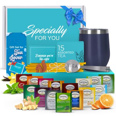 Tea Gift Set for Women and Men Elegant Tea Sets for Women Gift with 15 Unique Teas, Stainless Steel Tumbler & 10 Honey Straws in Premium Box (Blue)