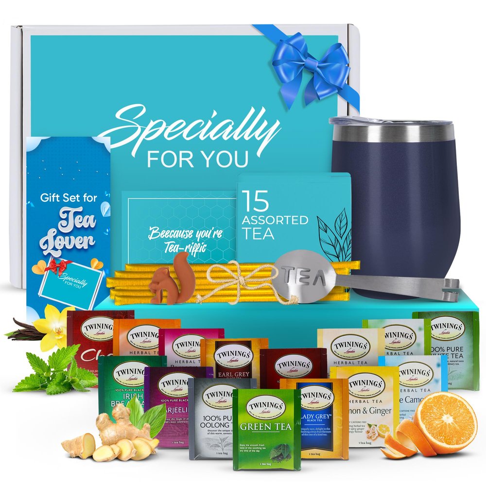 Tea Gift Set for Women and Men Elegant Tea Sets for Women Gift with 15 Unique Teas, Stainless Steel Tumbler & 10 Honey Straws in Premium Box (Blue)