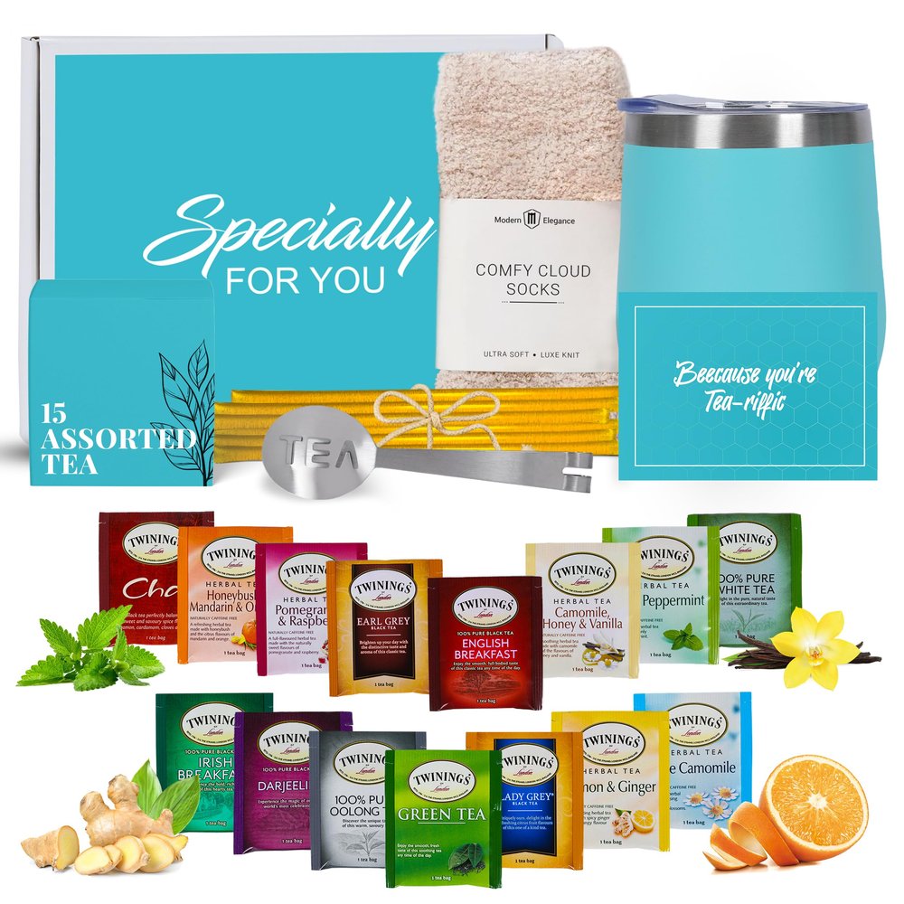Tea Gifts for Women Sampler Gift Basket with 15 Unique Blends, Honey Sticks, Stainless Tumbler, Cozy Socks & Gift-Ready Box (Cozy Socks -Teal)