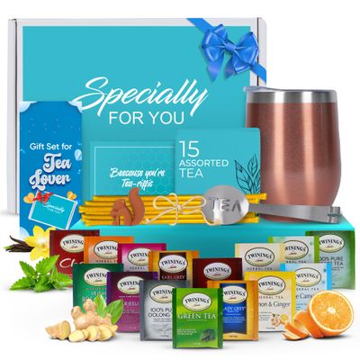 Modern Elegance Tea Tumbler Gift Set Includes Tea Bag Holder, Spoon, Honey Straw, 15 Assorted Flavor Blends & Hot & Cold 12oz Insulated Tumbler Ideal for Holiday Gift for Tea Lovers Rose Gold