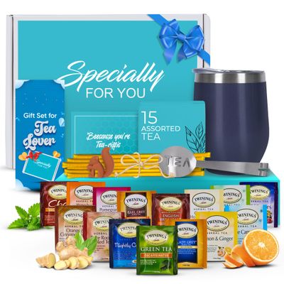 Tea Gift Sets for Tea Lovers Women and Men Tumbler 15 Unique Teas 10 Honey Straws (Decaffeinated)
