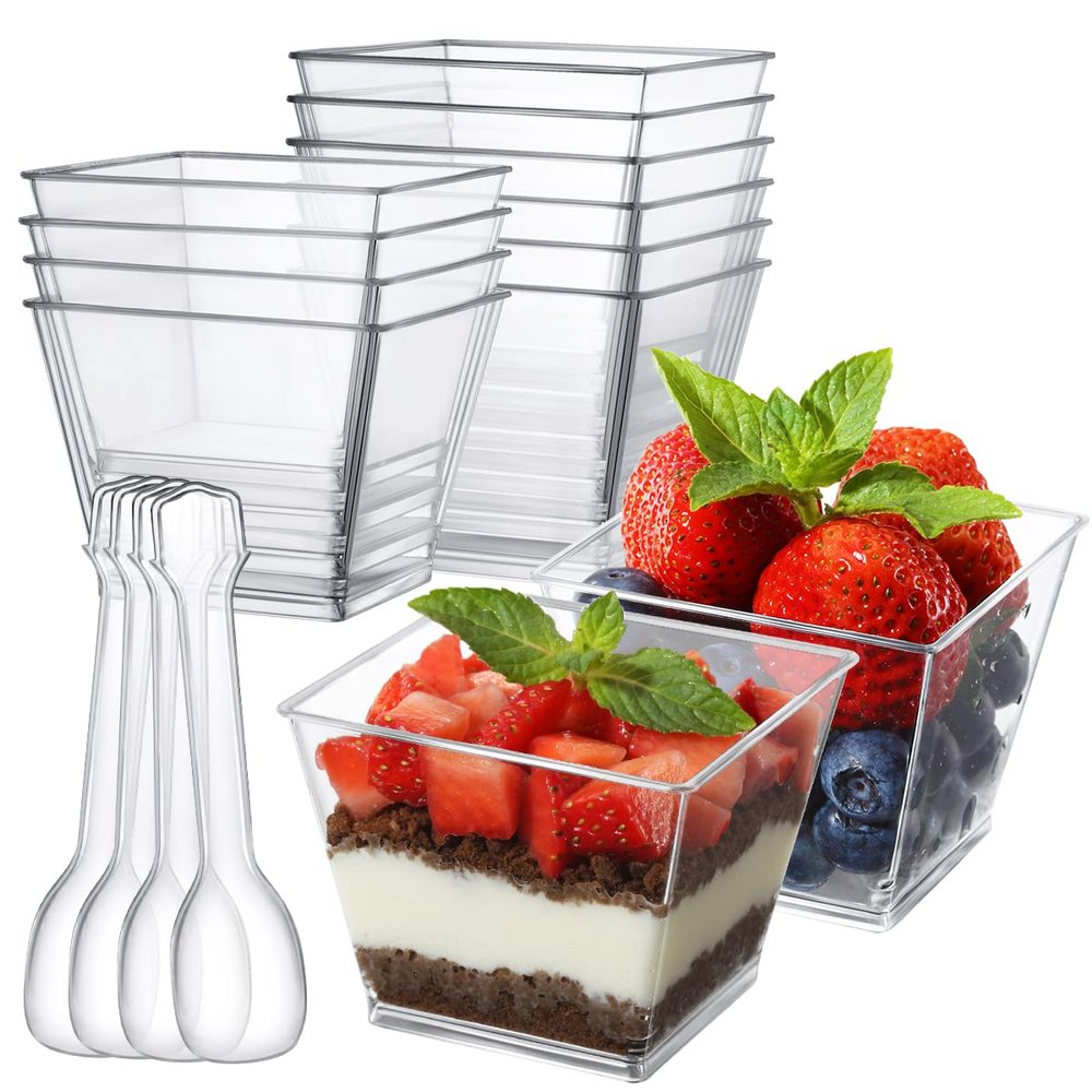 Poever 3.8 oz Plastic Dessert Cups with Spoons 50 Pack, Clear Square Mini Dessert Cups Appetizer Cups Parfait Cups Tumbler Cups for Mousse Puddings, Party Supplies