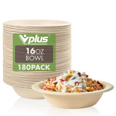 Vplus 180 Pack 16 OZ Paper Bowls, Disposable Compostable Bulk, Eco-friendly Bagasse, Heavy-duty Bowls Perfect for Milk Cereals, Snacks, Salads
