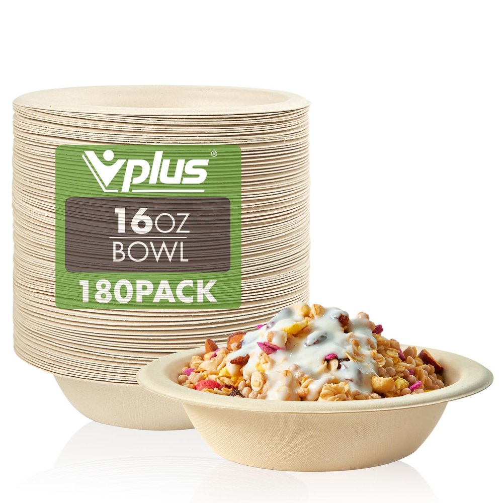 Vplus 180 Pack 16 OZ Paper Bowls, Disposable Compostable Bulk, Eco-friendly Bagasse, Heavy-duty Bowls Perfect for Milk Cereals, Snacks, Salads