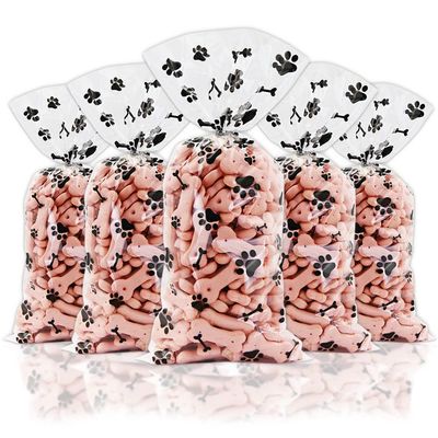 Boerni 100 Pieces Pet Paw Bone Print Cellophane Bags, Dog Puppy Pet Gift Bags with Silver Twist Ties, Cellophane Treat Bags for Candy Cookie Chocolate Nuts Birthday Party Favor Goody Bags