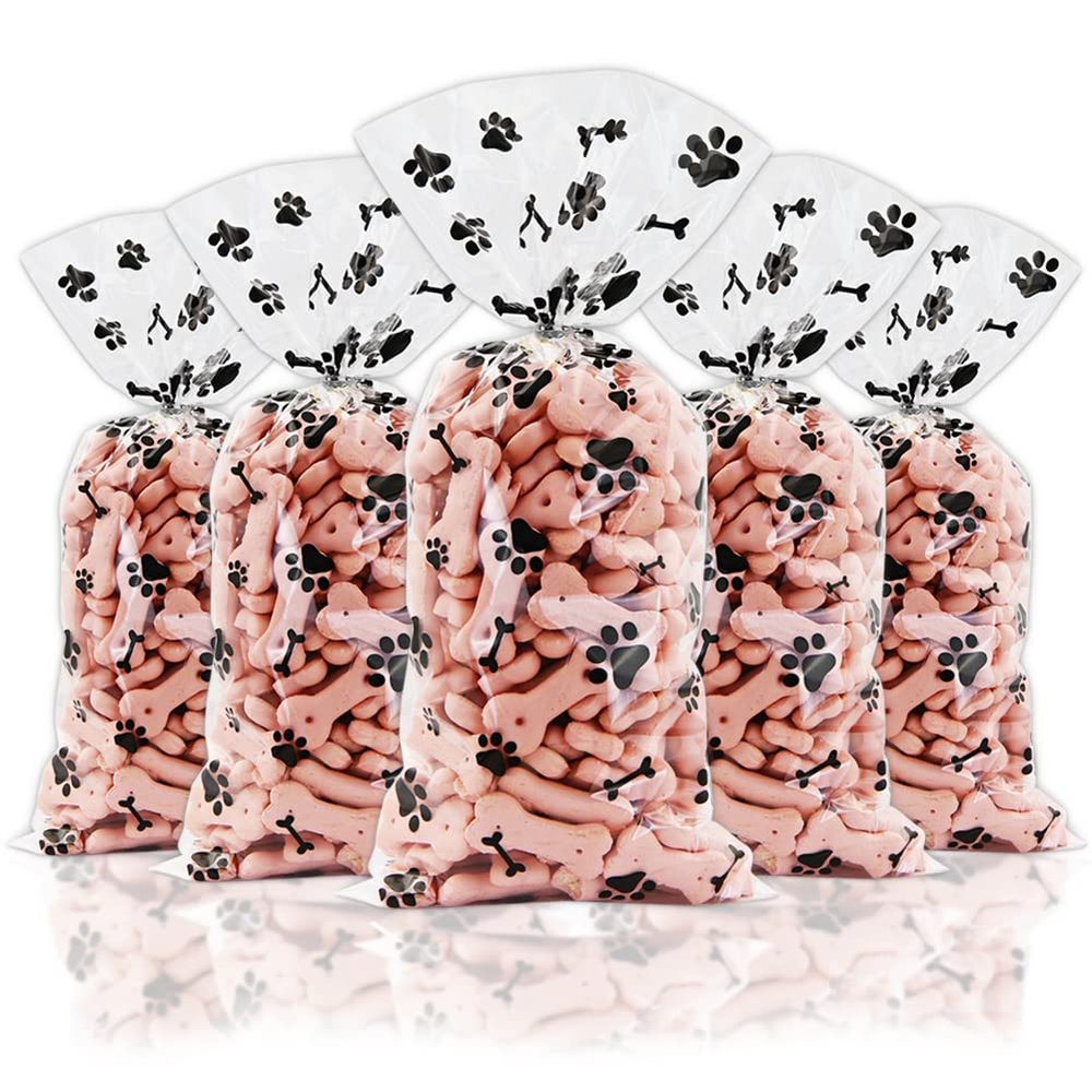 Boerni 100 Pieces Pet Paw Bone Print Cellophane Bags, Dog Puppy Pet Gift Bags with Silver Twist Ties, Cellophane Treat Bags for Candy Cookie Chocolate Nuts Birthday Party Favor Goody Bags