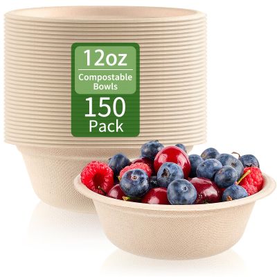 ZORRITA 150 Pack 12 oz Compostable Paper Bowls Small Disposable Soup Bowls Natural Sugarcane Biodegradable Bowls for Ice Cream, Desserts, Salads, Pet Food