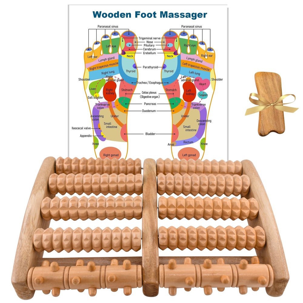 Wooden Foot Massager, Plantar Fasciitis Relief, Heel, Arch, Muscle Pain, Foot Pain, Stress Relief, Sleep Promoting - Relaxation Gift for Women, Men - Shiatsu Massage, Reflexology Tool - (with Bonus )