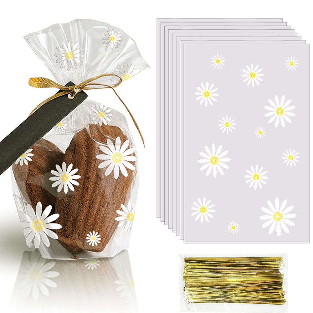 100Pcs Daisy Candy Bags Gusseted Cellophane Bags (Size 5.9"x9"x2"With Gold Twist Ties, Best Gusset Bag for Presenting Packaged Treats, Candys, Cookies Gift Bags