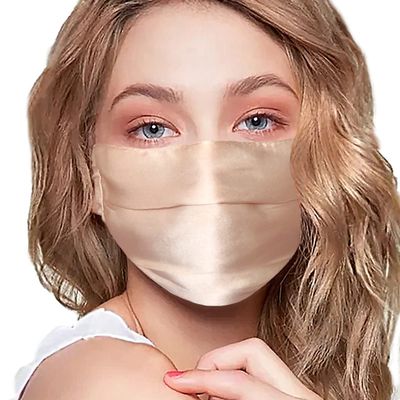 CH.yishi 100% Mulberry Silk Face Mask Covering Men & Women Reusable with Ear loops Nose Wire Filter (Pleated, Champagne)