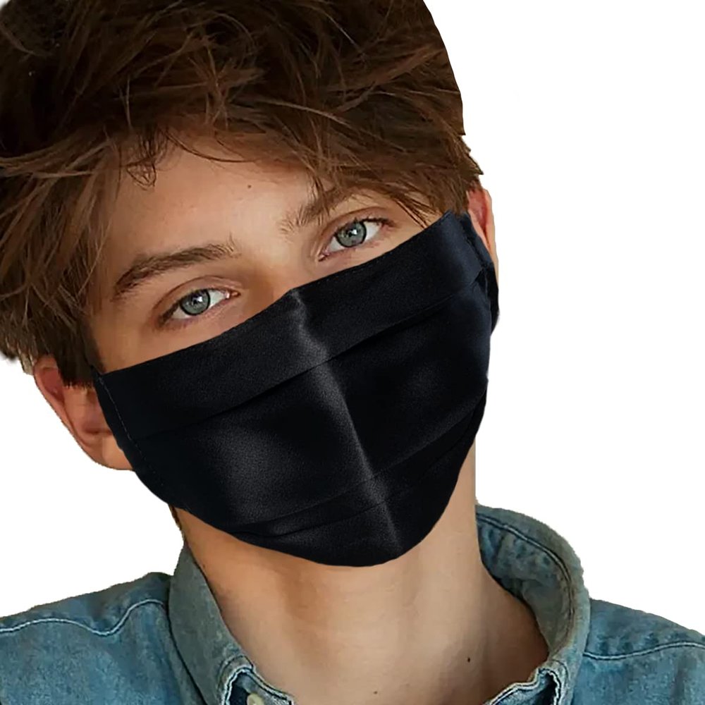 CH.yishi 100% Mulberry Silk Face Mask Covering Men & Women Reusable with Ear loops Nose Wire Filter (Pleated, Black)