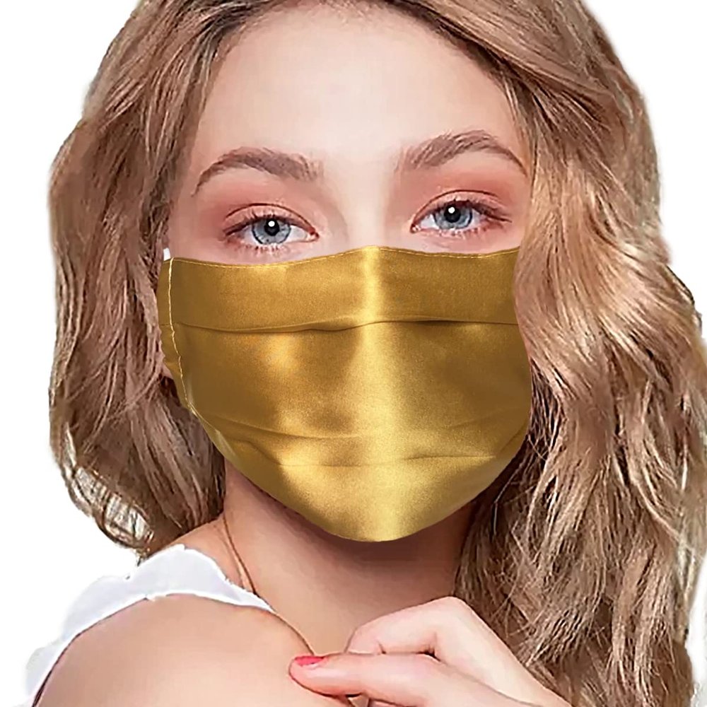 CH.yishi 100% Mulberry Silk Face Mask Covering Men & Women Reusable with Ear loops Nose Wire Filter (Pleated With Filter and Nose Wire, Gold)