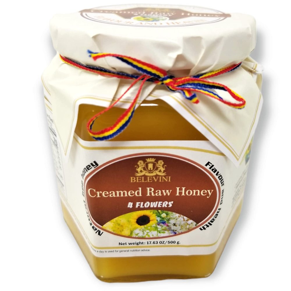 Belevini 4 Flowers Honey Raw 500g/17.63 Oz Natural Bee Honey from Romania, Unpasteurized, No Preservatives Added (Pack of 1)