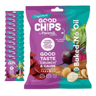 Baked Organic Beet & Yacon Crisps by GOOD CHIPS! Crispy, Crunchy, Oil-Free, No Added Salt, Organic, High Fiber, Prebiotic Superfood, Healthy Vegan Snack - 0.7 oz bags - Pack of 12
