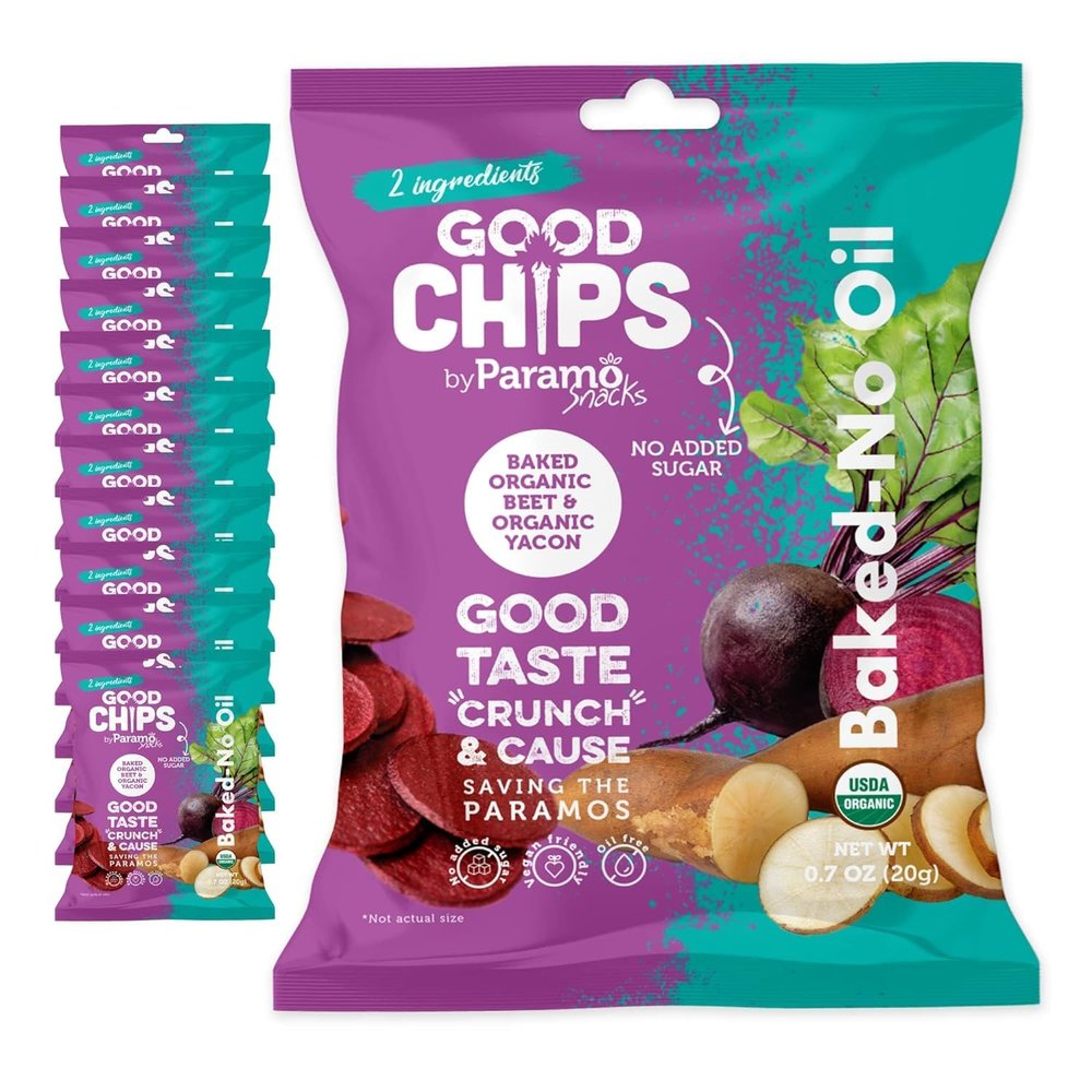 Baked Organic Beet & Yacon Crisps by GOOD CHIPS! Crispy, Crunchy, Oil-Free, No Added Salt, Organic, High Fiber, Prebiotic Superfood, Healthy Vegan Snack - 0.7 oz bags - Pack of 12