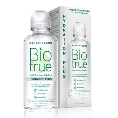 Biotrue Hydration Plus Contact Lens Solution, Multi-Purpose for Soft Lenses, Hydrates with Hyaluronan, Cleans, Clears, and Disinfects for All-Day Comfort, 4 Fl Oz (Pack of 1)