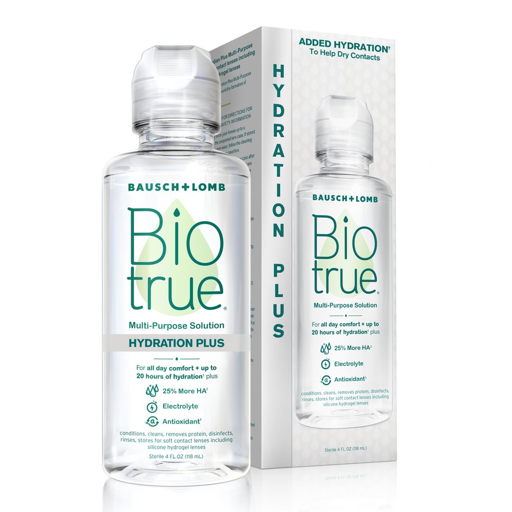 Biotrue Hydration Plus Contact Lens Solution, Multi-Purpose for Soft Lenses, Hydrates with Hyaluronan, Cleans, Clears, and Disinfects for All-Day Comfort, 4 Fl Oz (Pack of 1)
