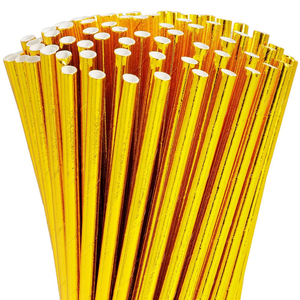 100 Pack Gold Paper Straws - Biodegradable, Disposable Straws for Birthday, Bridal, Baby Shower & Wedding Party Supplies