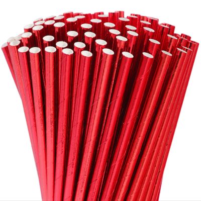 100 Pack Red Biodegradable Paper Straws - Disposable Cake Pop Sticks, Foil Straws for Birthday/Baby Shower Wedding Party Supplies Decorations