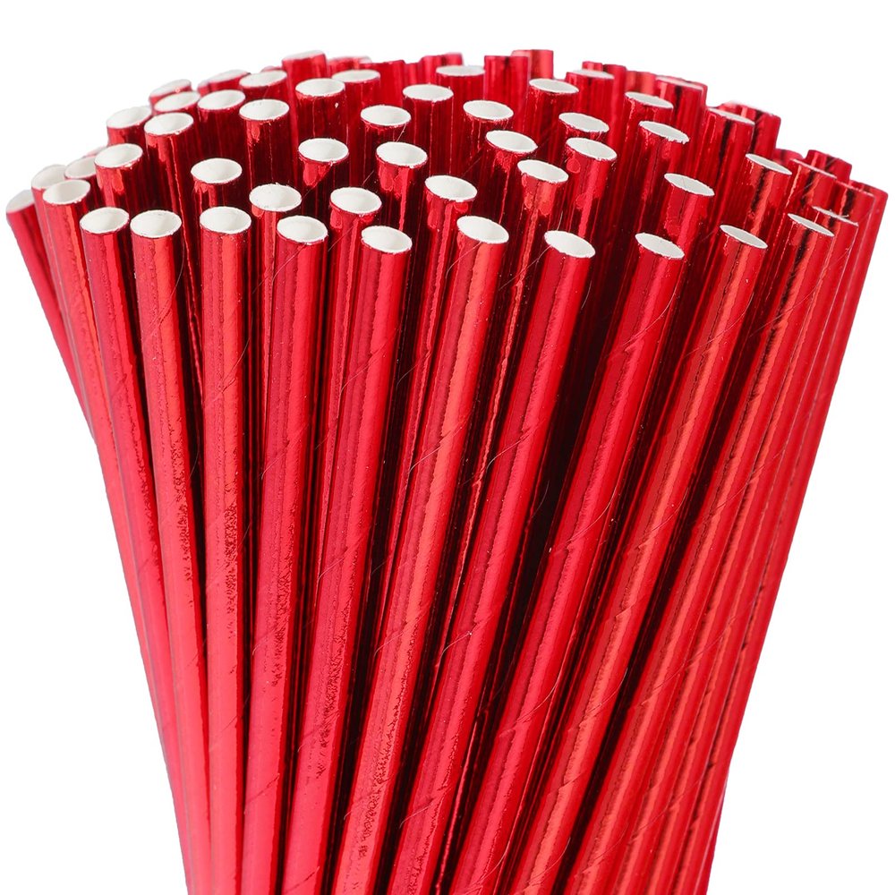 100 Pack Red Biodegradable Paper Straws - Disposable Cake Pop Sticks, Foil Straws for Birthday/Baby Shower Wedding Party Supplies Decorations