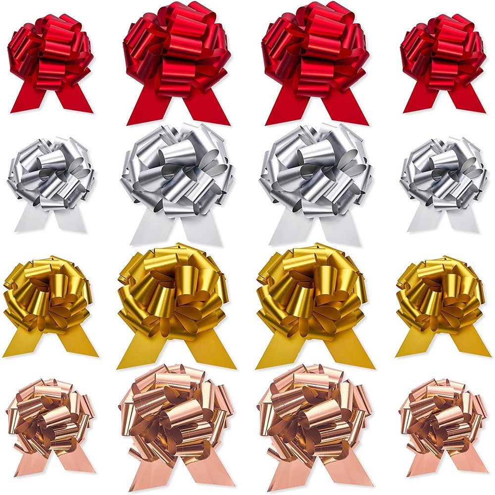 UNIQOOO Assorted Gift Wrap Pull Bow Set of 24, Medium 4'' Large 6'', Bulk for Gift Wrapping Basket Box Bag Dcor, Valentines Day Wedding Birthday Christmas Anniversary, Metallic Rose Gold Red Sliver