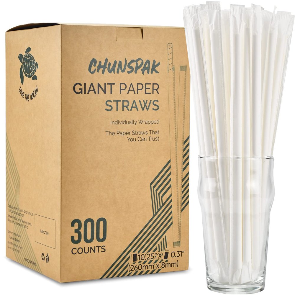 [300 Pack] Biodegradable 10 Inch Long Giant Paper Drinking Straws 8mm Wide - Individually Wrapped, Plain White