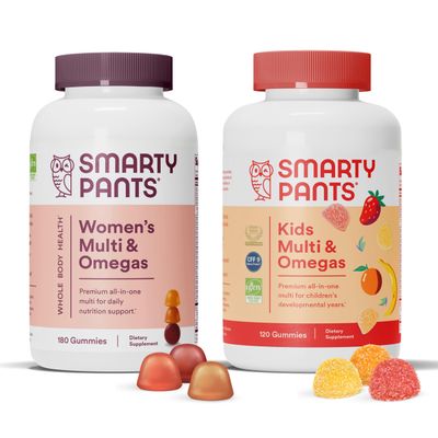 SmartyPants Women's and Kids Multivitamin Gummies Bundle: Omega 3 Fish Oil (EPA/DHA), Methylfolate, CoQ10, Vitamin D3, C, Vitamin B12, B6, A, K & Zinc, Gluten Free (30 Day Supply)
