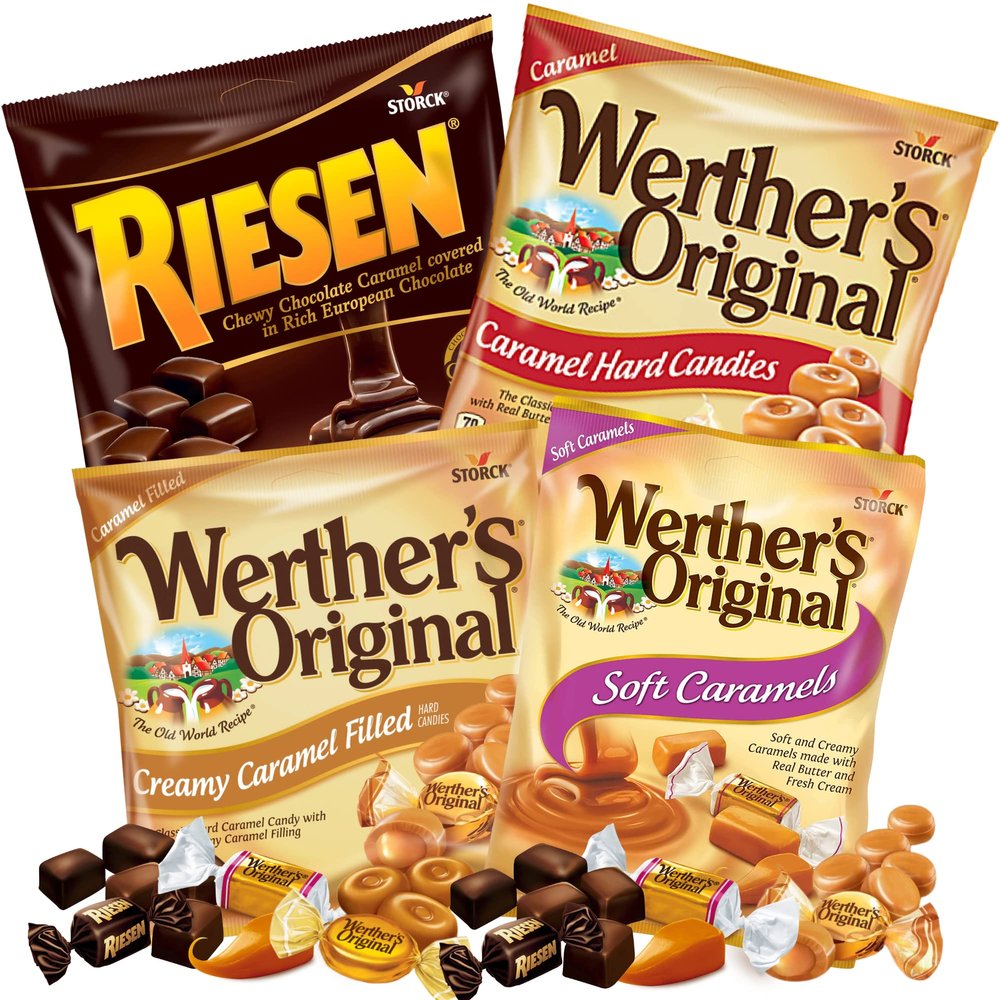Needzo Werther's Original Caramel Hard Candy and Soft Caramels Assortment, Individually Wrapped Shareable Bite Size Candies and Dark Chocolates Party Favors or Office Jar Fillers, Pack of 4