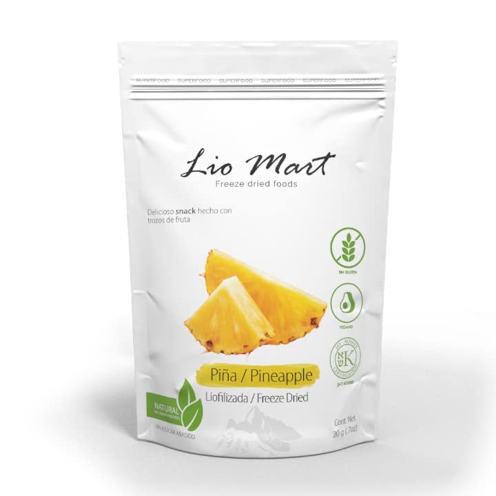 LioMart Dry fruit Snacks- Freeze dried Pineapple. Delicious, Natural, and Healthy Fruit with no added sugar. Perfect dried fruit for snack, backing, smotthies, topping breakfast and more. 10 Pack box with .705oz each.