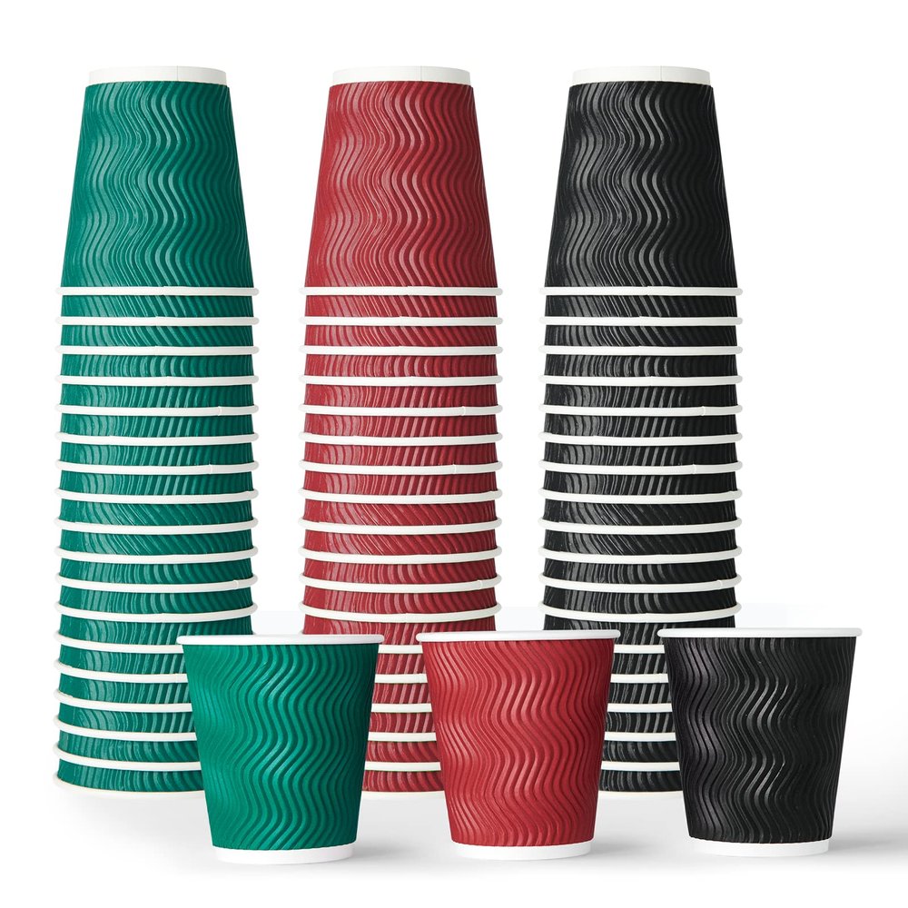 MUCHII 10 oz Insulated Paper Coffee Cups, 120 Count, Multicolor, Disposable, Ripple Design for Hot Drinks