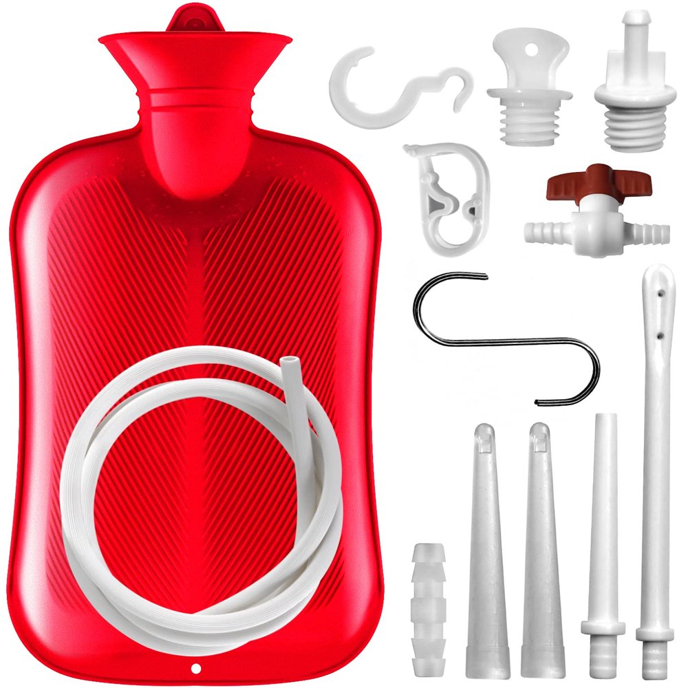2 L Enema Bag Home Enema Kit with 3 Enema Tips,60 inch Long Silicone Hose, Controlable Water Flow Valve, Hot-Water Bottle for Colon Cleansing Enemas for Women/MenRed