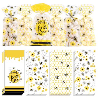 Whaline 150Pcs Spring Bee Party Cello Bags 3 Design Honey Bee Cellophane Bags with Gold Twist Tie Cute Plastic Party Candy Goodie Treat Bags for Birthday Baby Shower Party Favor Supplies