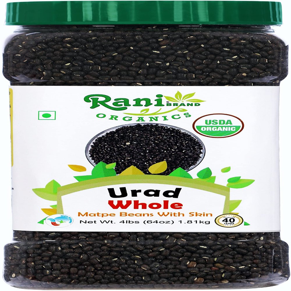 Rani Organic Urid/Urad Whole Black (Matpe Beans With Skin) Indian Lentils 64oz (4lbs) 1.81kg Bulk PET Jar ~ All Natural | Vegan | Gluten Friendly | NON-GMO | Indian Origin | USDA Certified Organic