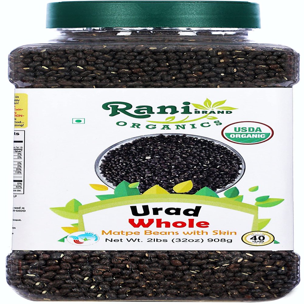 Rani Organic Urid/Urad Whole Black (Matpe Beans With Skin) Indian Lentils 32oz (2lbs) 908g PET Jar ~ All Natural | Vegan | Gluten Friendly | NON-GMO | Indian Origin | USDA Certified Organic