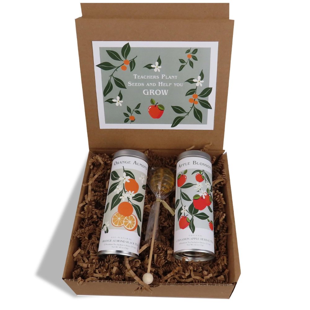 Apples & Oranges Teacher's Tea Gift Basket by La Tea Dah, Unique Teachers Appreciation Gifts, Two Assorted Flavors & One Honey Stirrer in Gift Box (12 Sachets)