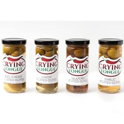 Crying Tongue Stuffed Olives Gift Box | Dirty Martini Mix Cocktail & Cheese Board Garnish | Variety Pack Green Olives Stuffed with Blue Cheese, Garlic, Jalapeno, and Pimento | Pack of 4 | 5oz