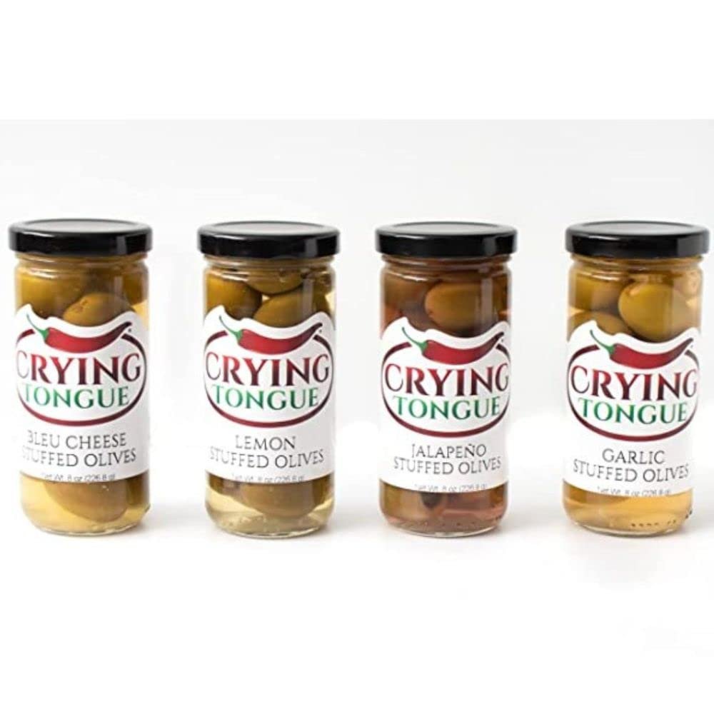 Crying Tongue Stuffed Olives Gift Box | Dirty Martini Mix Cocktail & Cheese Board Garnish | Variety Pack Green Olives Stuffed with Blue Cheese, Garlic, Jalapeno, and Pimento | Pack of 4 | 5oz