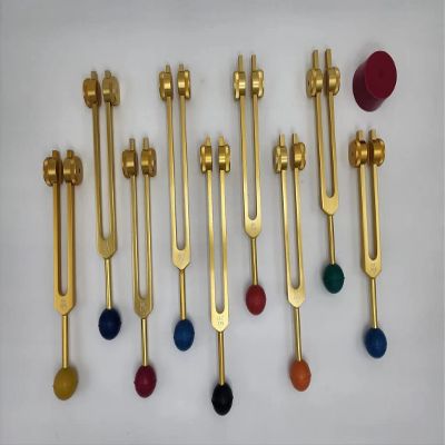 Gold Color DNA Repair Sacred Solfeggio Weighted Tuning Fork Set of 9 with Activator Rubber Balls and Velvet Bag