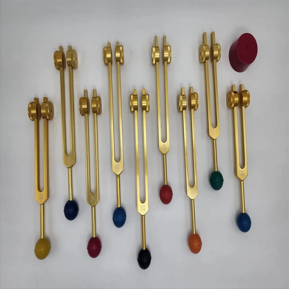 Gold Color DNA Repair Sacred Solfeggio Weighted Tuning Fork Set of 9 with Activator Rubber Balls and Velvet Bag